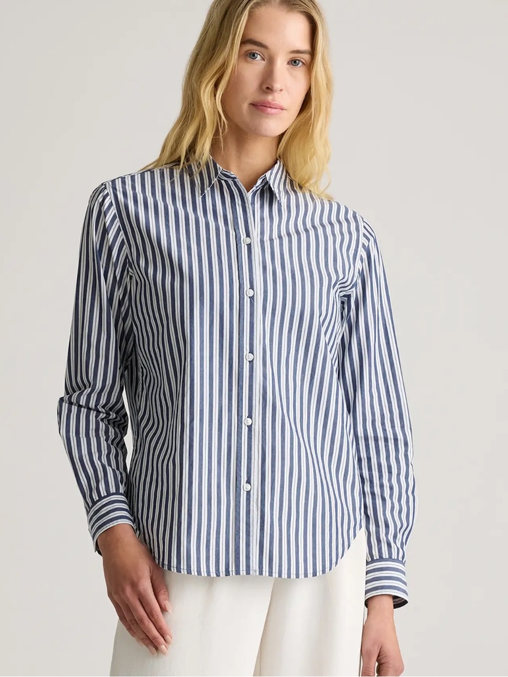 Quince 100% Organic Cotton Poplin Long Sleeve Shirt Hudson Stripe xs